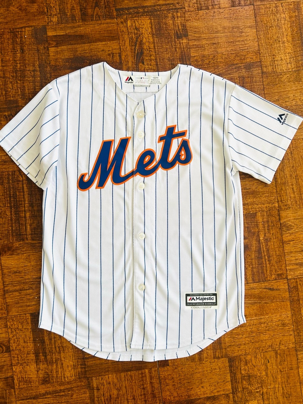 Majestic Boys 10 Years White Pinstripe NY Mets Jersey Logo Tricot Shirt